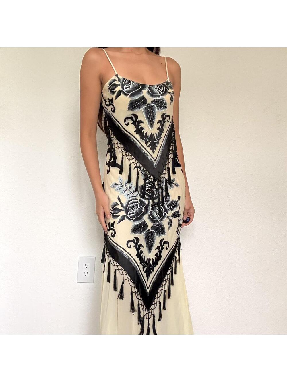Rare Y2K Deadstock black and cream silk beaded floral maxi dress